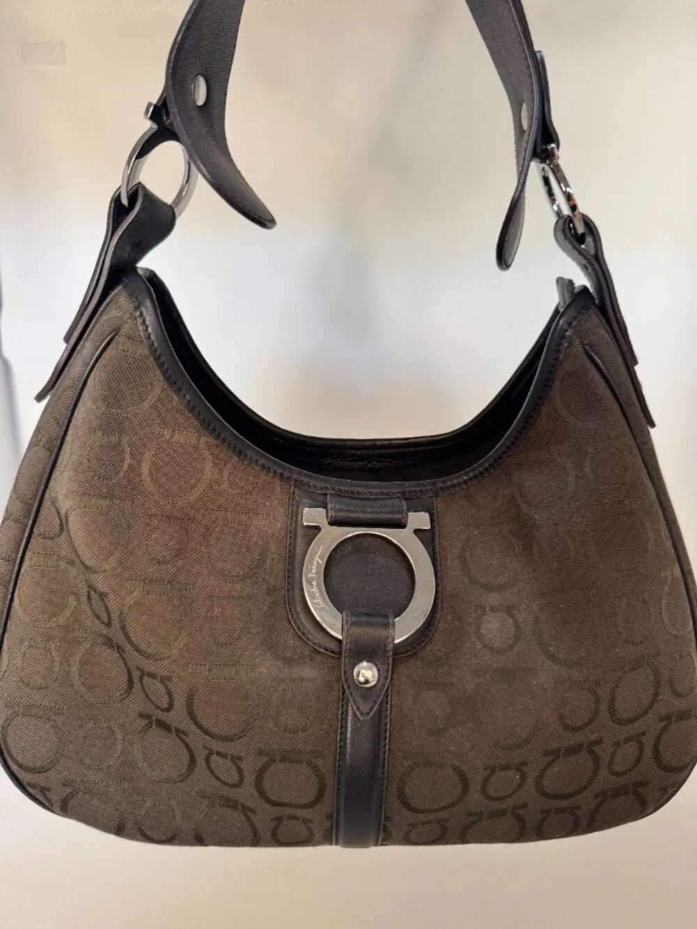 Salvatore Ferragamo Gancini Brown Jacquard Shoulder Bag | Made in Italy | Box &